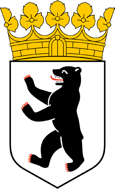 Weißes Wappenschild mit einem aufgerichteten schwarzen Bären mit roten Klauen und roter Zunge, darüber eine goldene Laubkrone.