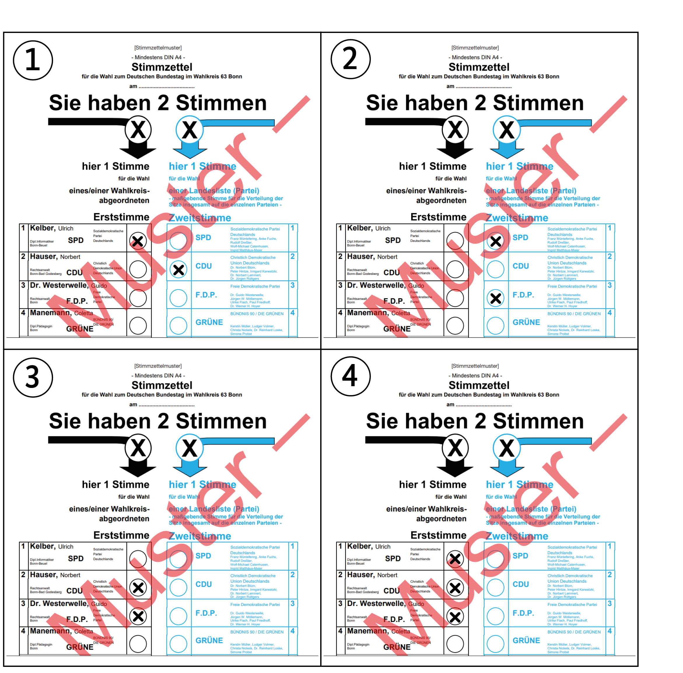 Vier Musterstimmzettel für eine Bundestagswahl, numeriert 1 bis 4, jeder mit der Spalte Erststimme links und Zweitstimme rechts. Stimmzettel 1: ein Kreuz bei der Erststimme, ein Kreuz bei der Zweitstimme. Stimmzettel 2: keine Erststimme, zwei Kreuze bei der Zweitstimme. Stimmzettel 3: zwei Kreuze bei der Erststimme, keine Zweitstimme. Stimmzettel 4: drei Kreuze bei der Erststimme, keine Zweitstimme.