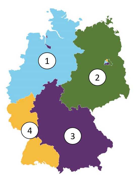 Umrisskarte Deutschlands, in vier farbige Gebiete geteilt und mit den Ziffern 1 bis 4 markiert. 1, hellblau: der Nordwesten bis zur Nord- und Ostseeküste. 2, grün: der ganze Osten. 3, violett: der Süden und Südosten, dazu ein kleiner Fleck an der Nordseeküste. 4, gelb: ein schmales Gebiet ganz im Südwesten. Die Stadt im Osten ist in vier kleine Teile in denselben vier Farben geteilt.
