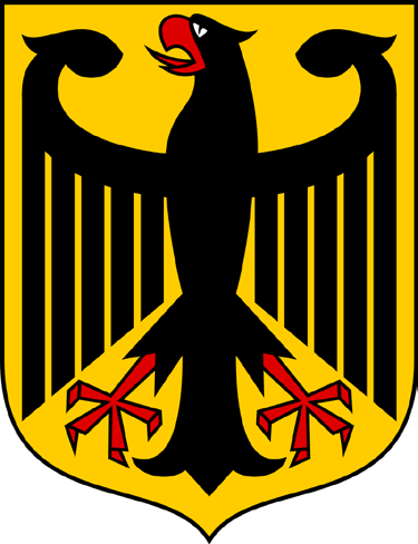 Goldenes Wappenschild mit einem schwarzen Adler: der Kopf nach rechts gewendet, Schnabel und Krallen rot, die Flügel mit einzeln gezeichneten Federn weit geöffnet.