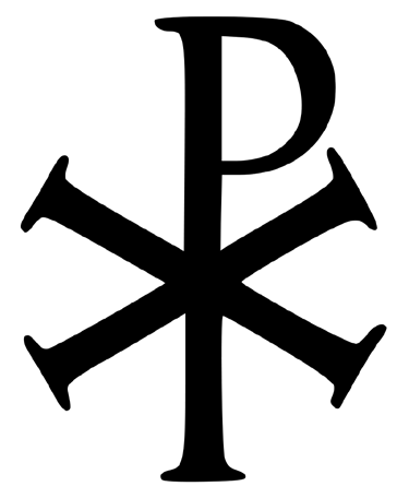 Schwarzes Zeichen auf weißem Grund: ein liegendes Andreaskreuz, durch dessen Mitte senkrecht ein Schaft mit einer nach rechts offenen Schleife am oberen Ende läuft — ein Christusmonogramm.
