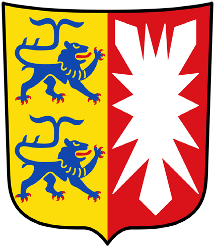 Wappenschild, senkrecht geteilt: links zwei blaue Löwen übereinander auf Gold, rechts ein weißes Nesselblatt auf Rot.