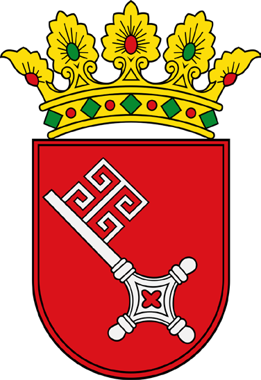 Rotes Wappenschild mit einem silbernen Schlüssel, dessen Griff verschlungen ist, darüber eine goldene Laubkrone mit grünen und roten Steinen.