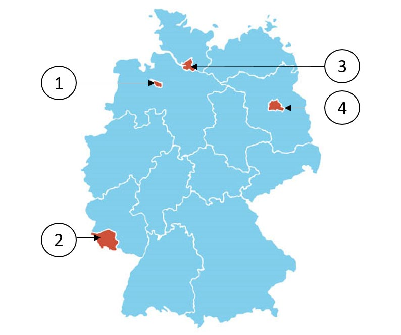 Umrisskarte Deutschlands mit den Grenzen der 16 Länder. Vier Länder sind rot und mit den Ziffern 1 bis 4 markiert, die übrigen hellblau. 1: sehr kleines Land im Nordwesten, nahe der Nordseeküste. 2: kleines Land ganz im Südwesten, an der Westgrenze. 3: sehr kleines Land im Norden, an der Grenze zum nördlichsten Land. 4: kleines Land im Nordosten, ringsum von einem anderen Land umschlossen.