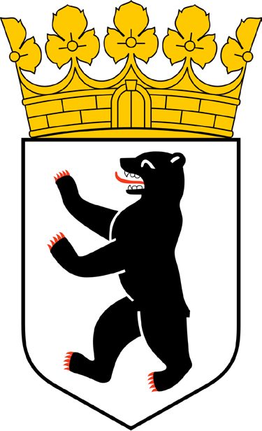 Weißes Wappenschild mit einem aufgerichteten schwarzen Bären mit roten Klauen, darüber eine goldene Laubkrone.