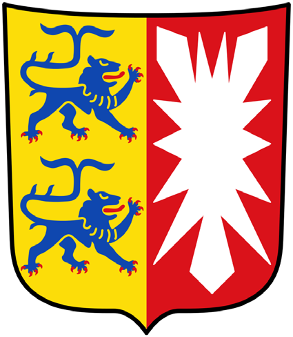 Wappenschild, senkrecht geteilt: links zwei blaue Löwen übereinander auf Gold, rechts ein weißes Nesselblatt auf Rot, darüber ein goldener Kronreif.