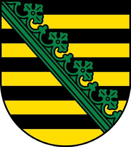 Wappenschild mit schwarz-goldenen Querbalken, darüber von links oben nach rechts unten ein grüner Rautenkranz.