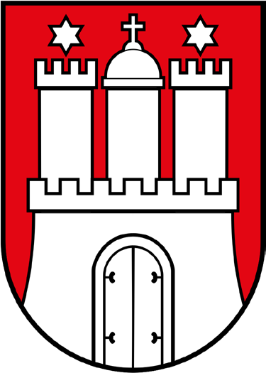 Rotes Wappenschild mit einer weißen Burg: drei Türme, der mittlere mit Kuppel und Kreuz, das Tor offen, über den Seitentürmen je ein weißer Stern.