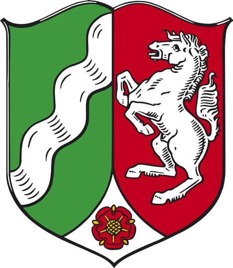 Wappenschild, senkrecht geteilt: links auf Grün ein weißes Wellenband von oben nach unten, rechts auf Rot ein weißes aufsteigendes Pferd, unten mittig eine weiße Rose mit rotem Kern.
