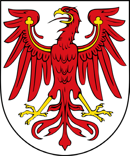 Weißes Wappenschild mit einem aufgerichteten roten Adler mit goldenen Krallen, die Flügel weit ausgebreitet.