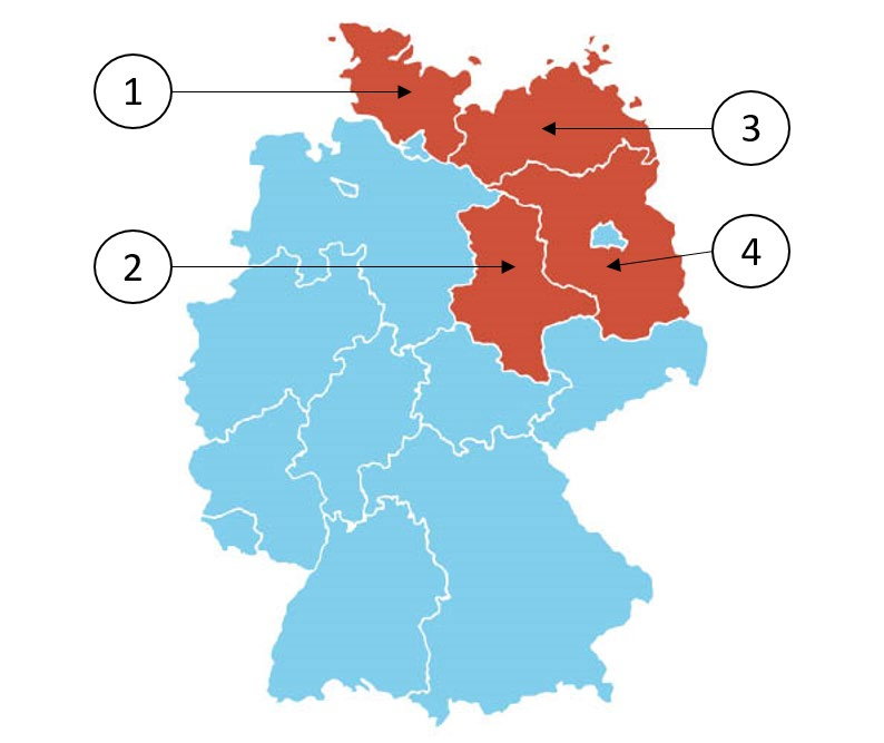 Umrisskarte Deutschlands mit den Grenzen der 16 Länder. Vier Länder sind rot und mit den Ziffern 1 bis 4 markiert, die übrigen hellblau. 1: Land ganz im Norden, zwischen Nord- und Ostsee. 2: mittelgroßes Land in der Mitte, südlich von 1. 3: Land im Nordosten an der Ostseeküste, östlich von 1. 4: großes Land im Osten, südlich von 3; es umschließt ringsum ein kleines hellblaues Land.