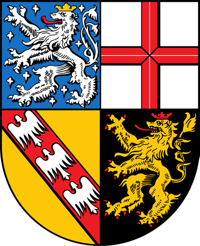 Wappenschild in vier Feldern: silberner Löwe auf Blau, rotes Kreuz auf Weiß, roter Schrägbalken mit weißen Zacken auf Gold, goldener Löwe auf Schwarz.