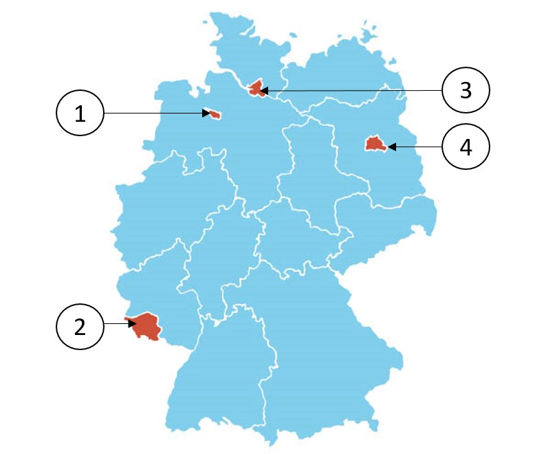 Umrisskarte Deutschlands mit den Grenzen der 16 Länder. Vier Länder sind rot und mit den Ziffern 1 bis 4 markiert, die übrigen hellblau. 1: sehr kleines Land im Nordwesten, nahe der Nordseeküste. 2: kleines Land ganz im Südwesten, an der Westgrenze. 3: sehr kleines Land im Norden, an der Grenze zum nördlichsten Land. 4: kleines Land im Nordosten, ringsum von einem anderen Land umschlossen.