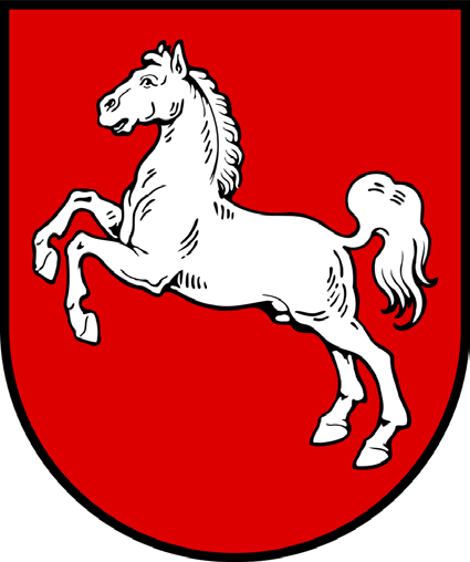 Rotes Wappenschild mit einem weißen, aufsteigenden Pferd mit erhobenem Vorderhuf.
