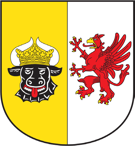 Wappenschild, senkrecht geteilt: links auf Gold ein schwarzer Stierkopf mit goldener Krone und roter Zunge, rechts auf Weiß ein aufgerichteter roter Greif.